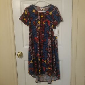 LuLaRoe Carly Short Sleeve Swing Dress Red Blue Triangle Stained Glass Size XXS